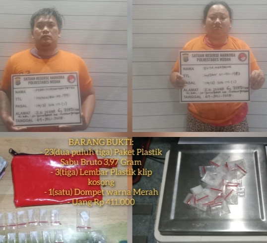 Polrestabes Medan Ringkus Pasutri Pengedar Sabu, Puluhan Paket Disita