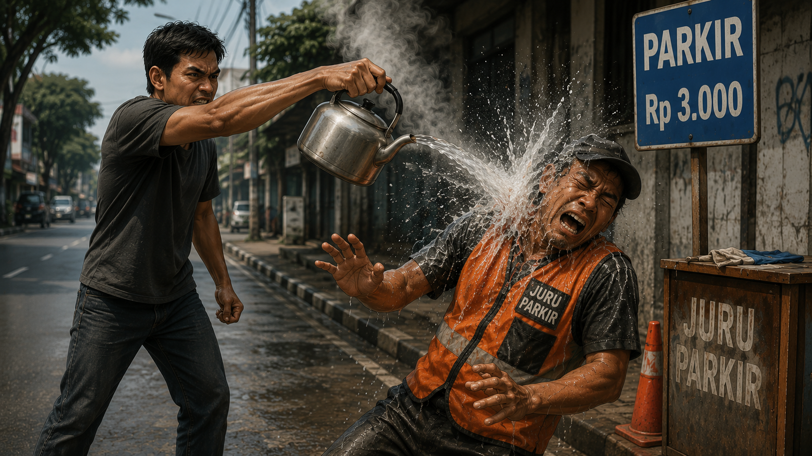 Seorang Jukir Terkapar Disiram Air Panas, Pelaku Babak Belur Dihajar Warga