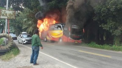 Bus PT Pelita Paradep Taxi Terbakar, Api Berkobar di Bagian Belakang