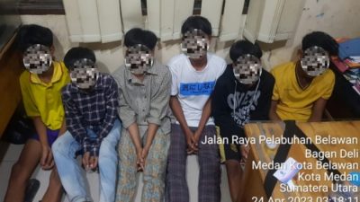 Sekelompok pemuda yang melakukan penyerangan terhadap angkot 53 di Simpang Sicanang, Kecamatan Medan Belawan, Kota Medan diringkus petugas Sat Reskrim Polrestabes Medan, Minggu (23/4/2023) malam kemarin.