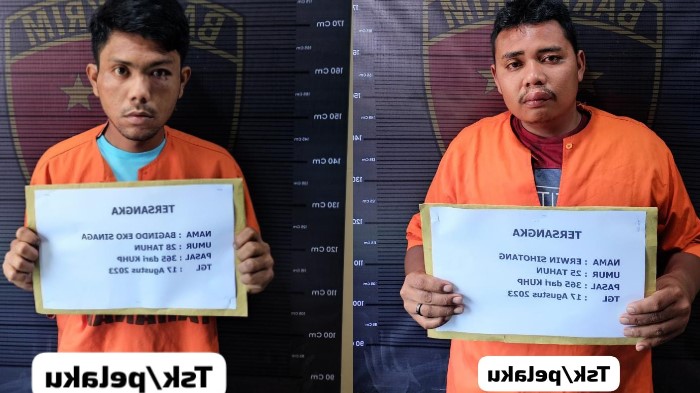 Dua tersangka polisi gadungan yang ditangkap petugas Polres Tapanuli Utara, Kamis (24/8/2023). Keduanya adalah Bagindo Sinaga (29) dan Erwin Sihotang.