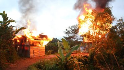 Polisi bakar barak narkoba yang ada di Desa Bandar Baru, Kecamatan Sibolangit, Kabupaten Deliserdang, Sabtu (23/12/2023). Ada 17 orang yang diamankan.(DOK/POLDA SUMUT)