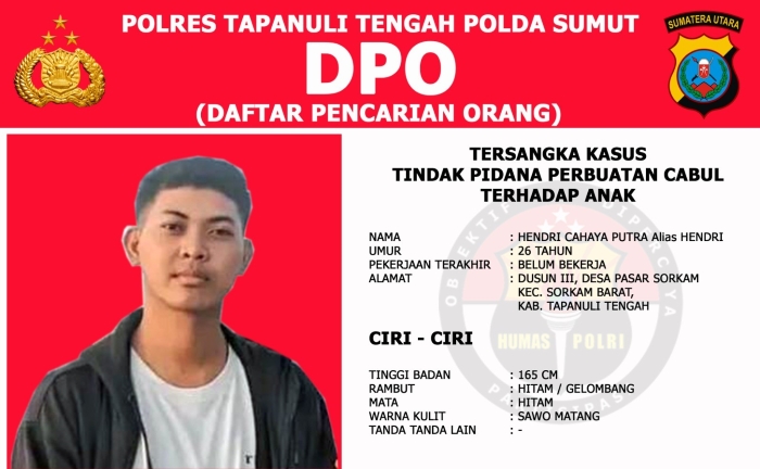 Hendri Cahaya Putra, pelaku sodomi yang akhirnya ditangkap petugas Polres Tapanuli Tengah