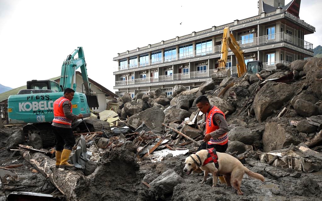 Proses pencarian korban banjir bandang di Desa Simangulampe, Kecamatan Baktiraja, Kabupaten Humbang Hasundutan menggunakan anjing pelacak.