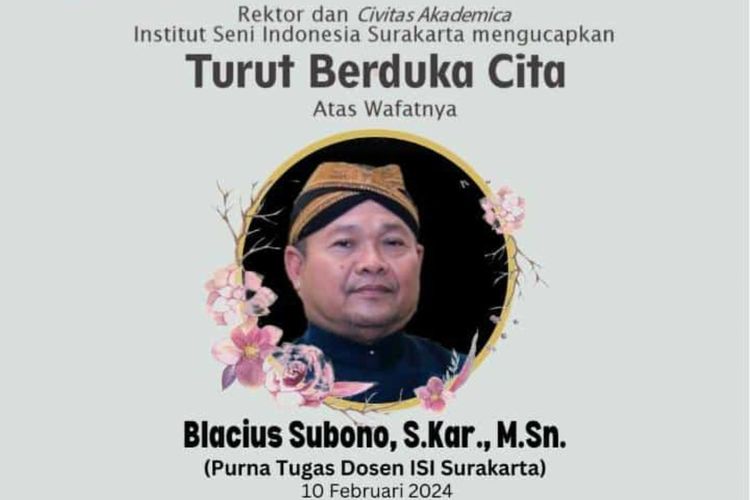 Blacius Subono, seniman yang tampil di acara Kampanye Akbar Ganjar Pranowo dan Mahfud MD meninggal dunia, Sabtu (10/2/2024).