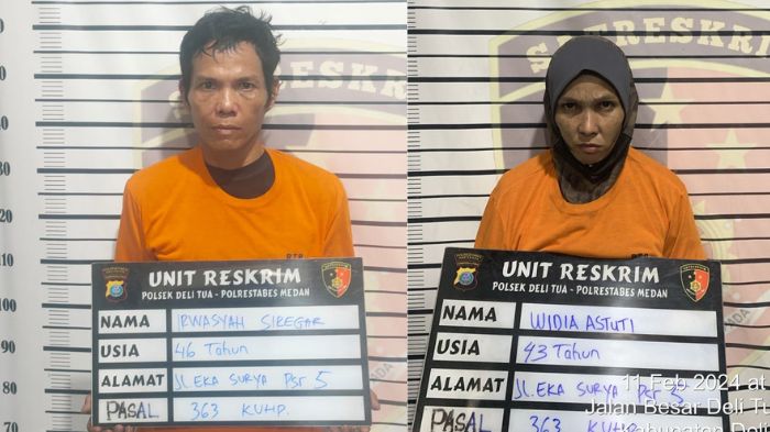 Irwansyah Siregar alias Iwan (46) dan Widya Astuti (43), pencuri betor setelah ditangkap Polsek Delitua.