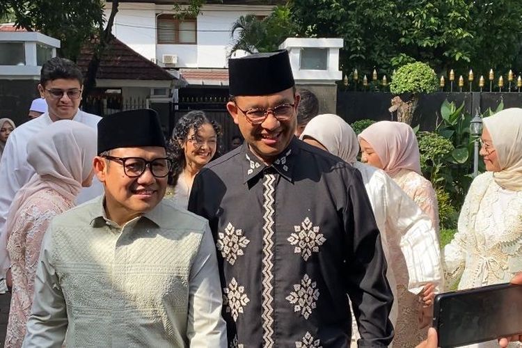 Capres dan cawapres nomor urut 1 Anies Baswedan dan Muhaimin Iskandar di Kompleks Widya Chandra, Jakarta Selatan, Sabtu (20/4/2024). (KOMPAS.com/ Tatang Guritno)