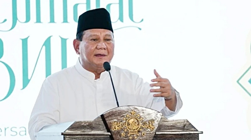 Prabowo Subianto Presiden terpilih 2024 saat menyampaikan sambutan dalam acara halal bihalal di Kantor PBNU, Jakarta Pusat, Minggu (28/4/2024).(nu.or.id)