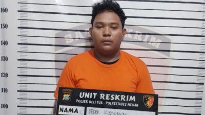Dedek Kurniawan (19), anggota geng motor yang terlibat tawuran di Jalan Brigjen Zein Hamid, Kecamatan Medan Johor, Kota Medan ditangkap polisi.