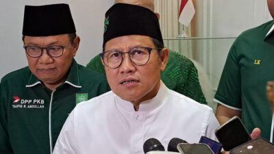 Ketua Umum Partai Kebangkitan Bangsa (PKB) Muhaimin Iskandar memberikan keterangan pers di Kantor DPP PKB, Jakarta, Minggu (5/2/2023).(KOMPAS.com/Ardito Ramadhan D)
