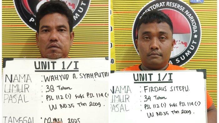 Dua dari tiga tersangka sindikat pengedar sabu di Kecamatan Pancurbatu, Kabupaten Deliserdang yang ditangkap petugas Polda Sumut.