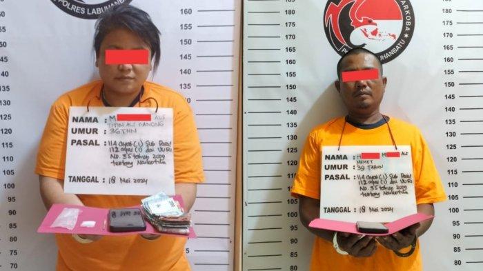MW alias Titin Genong (38) dan HM alias Memet (39), sepasang pengedar sabu ditangkap petugas Sat Res Narkoba Polres Labuhanbatu.