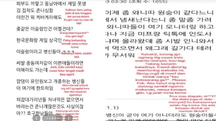 Tangkapan layar ucapan bernada rasisme yang diduga dilontarkan warga Korea Selatan terhadap warga Indonesia.
