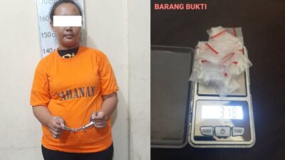 MS, wanita pengedar sabu yang tinggal di Kelurahan Beras Basah, Kecamatan Pangkalan Susu, Kabupaten Langkat, Sumatera Utara ditangkap polisi setelah bikin resah warga.