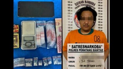 SKS (32), pengedar sabu di Kota Siantar dibekuk petugas Sat Res Narkoba Polres Siantar.