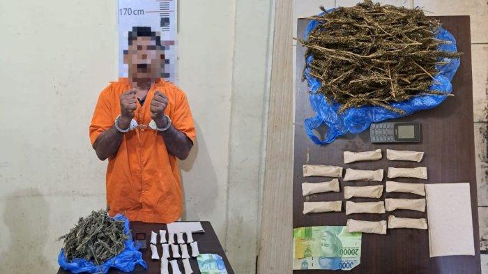 RL (56), pengedar ganja yang biasa beroperasi di Lingkungan VIII, Kelurahan Beras Basah, Kecamatan Pangkalan Susu, Kabupaten Langkat tak berkutik saat ditangkap polisi.