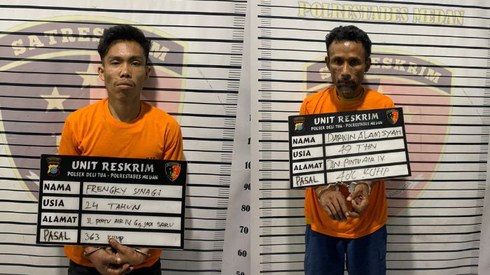 Tersangka maling motor Frengky Sinaga dan penadahnya, Darwin Alamsyah setelah ditangkap petugas Unit Reskrim Polsek Delitua.