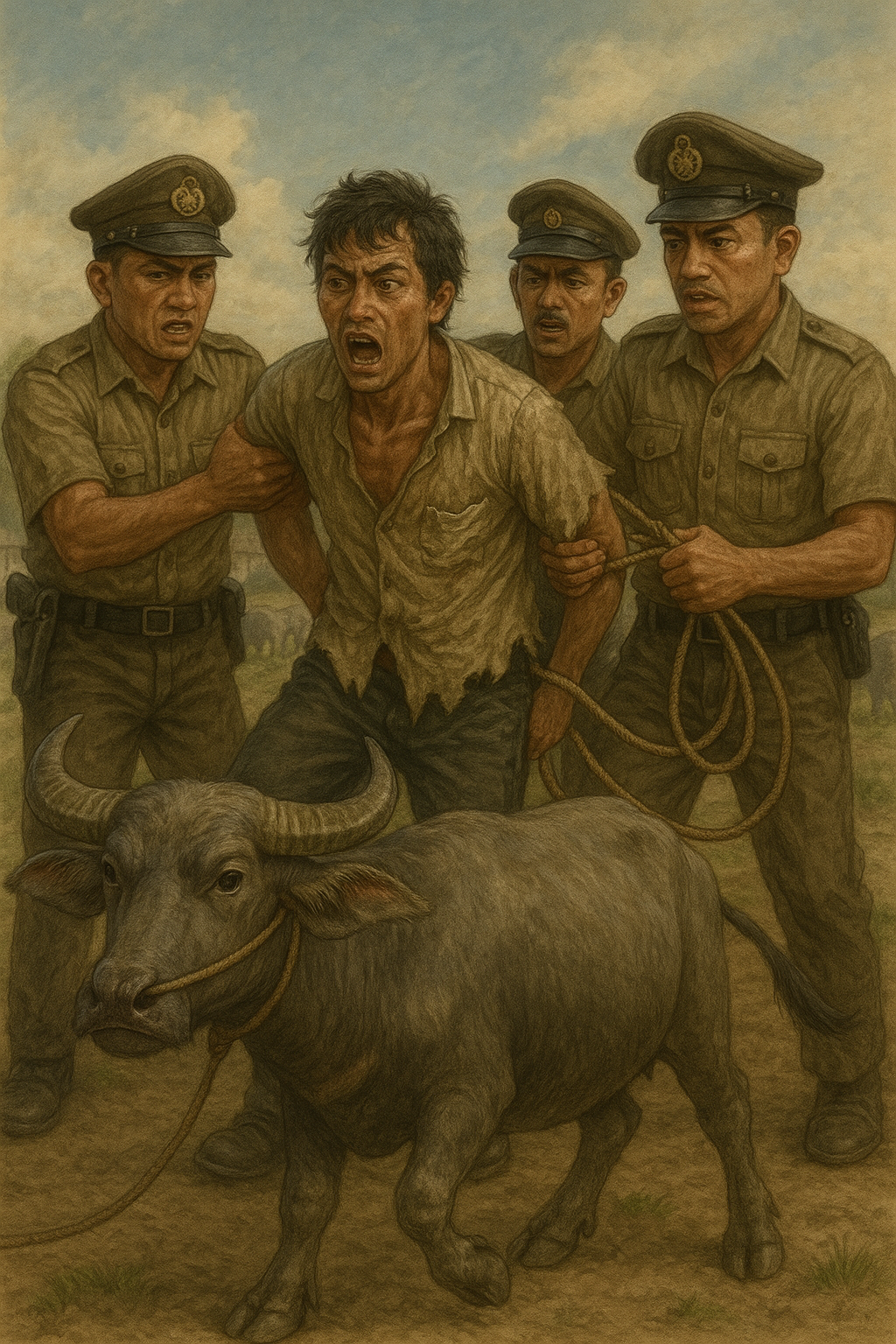Ilustrasi polisi saat menangkap pencuri kerbau.(ChatGPT/TajukRakyat.com)