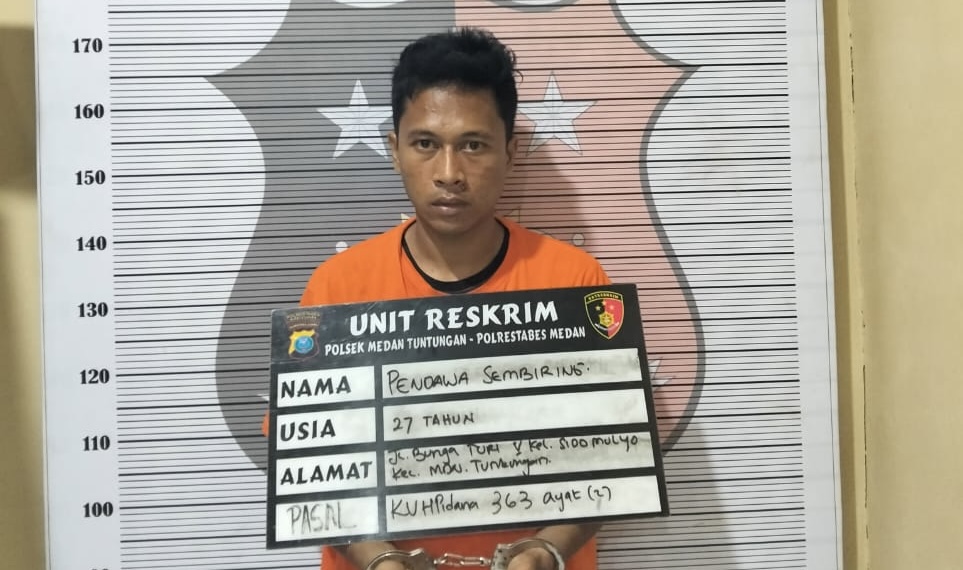 Pandawa Sembiring, satu dari tiga tersangka maling motor yang ditangkap petugas Unit Reskrim Polsek Medan Tuntungan.