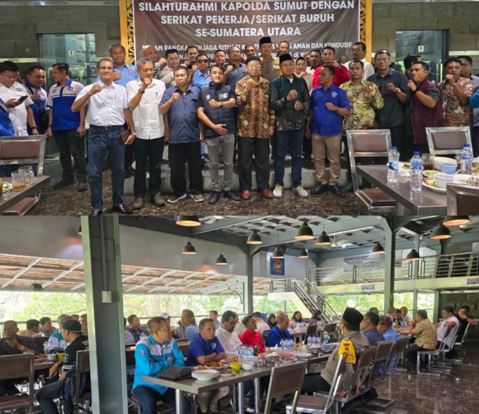 Poto atas : Poto bersama Silaturahmi Kapoldasu dengan Serikat Pekerja/Serikat Buruh Se-Sumut. Peserta di acara silaturahmi.(humas)