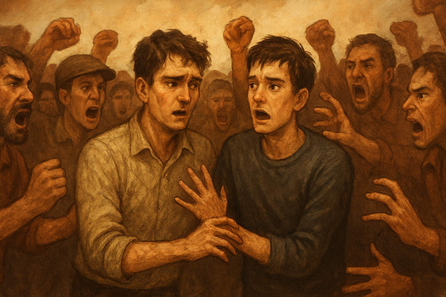 Ilustrasi dua orang pria diamuk massa.