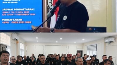 Poto atas, Kasat Intel Polrestabes Medan Kompol Lengkap Suherman Lubis sampaikan sambutan. Para peserta Lomba Karya Tulis.(keisa)