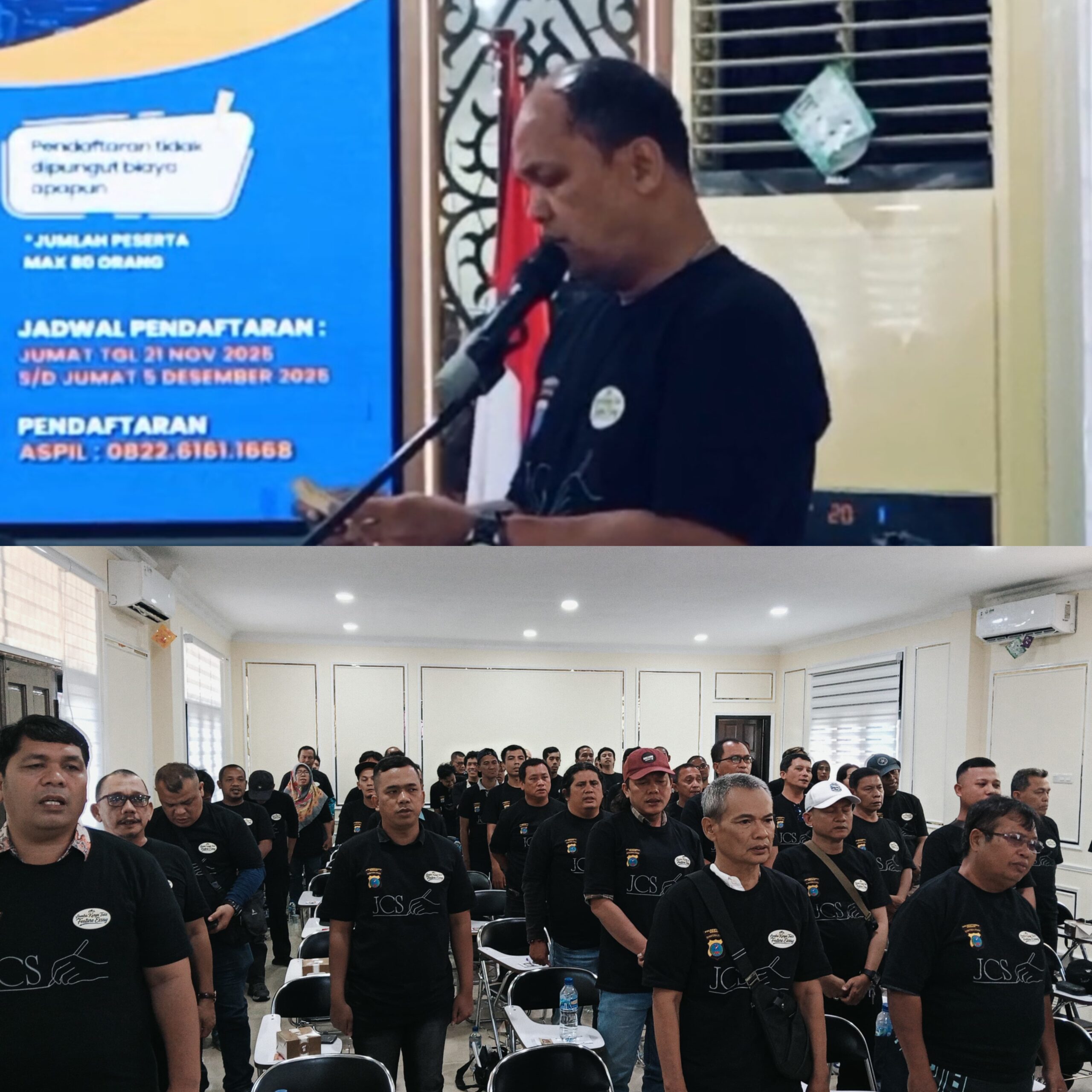 Poto atas, Kasat Intel Polrestabes Medan Kompol Lengkap Suherman Lubis sampaikan sambutan. Para peserta Lomba Karya Tulis.(keisa)