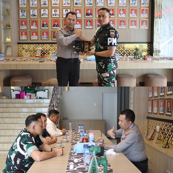 Poto atas, Kapolrestabes Medan Kombes Pol Jean Calvijn Simanjuntak, Dan Denpom I/5 Medan Letkol Cpm Atep Priatna salam komando sambil tukar cendera mata. Calvijn dan Atep Priatna terlihat berdialog akrab.(ist)