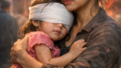 Ilustrasi seorang ibu menggendong anaknya yang terluka.